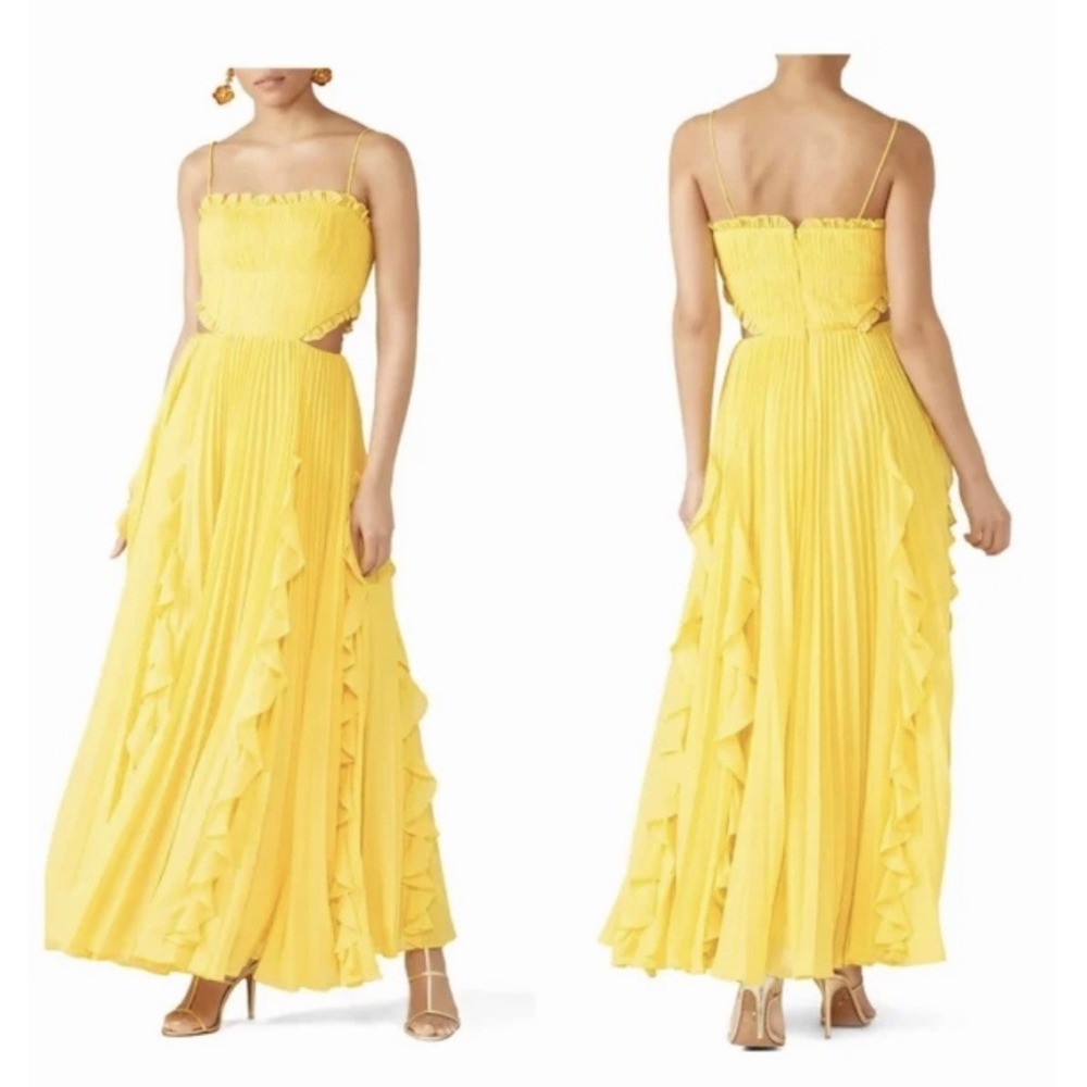 AMUR Maxi Dress Womens 6 Yellow Pleated Cut-Out Ruffle Silk Chiffon Gown